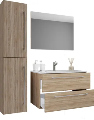 Image de Lavabo 4 pièces | Armoire lavabo largeur 80 cm | Meubles de salle de bain avec tiroirs portes tournantes miroir | Badinos