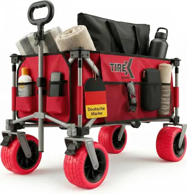Produktbild von TIREX by xonic® Bollerwagen Faltbar mit PolyurethanXL Rädern aus Vollgummi – Strand & Garten Faltbarer Handwagen mit verstellbarem Griff & Fußbremse – Robuster Transportwagen für Kinder & Camping (Rot)