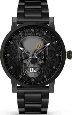 A close-up, front-facing studio shot of a black Police brand men's watch with a skull graphic on the face.