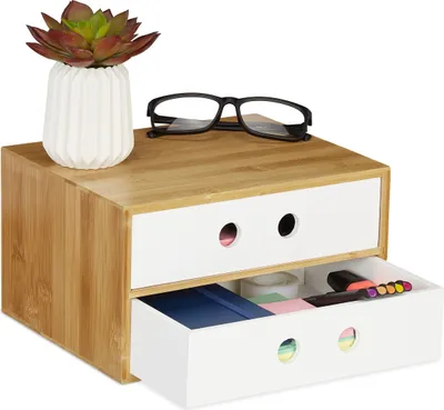 Obrázek produktu pro Organizér na stůl Relaxdays, 2 zásuvky, bambus a MDF, kancelářský úložný box, VxŠxH: 14 x 25 x 20 cm, bílý