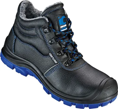 A single black work boot with blue accents and laces, shown against a white background.