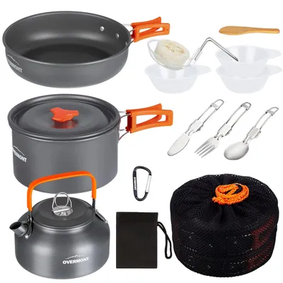 Image de OVERMONT - Set de casseroles de camping 14 pièces - Set de poêles en aluminium - Batterie de cuisine d'extérieur - Résistant au feu