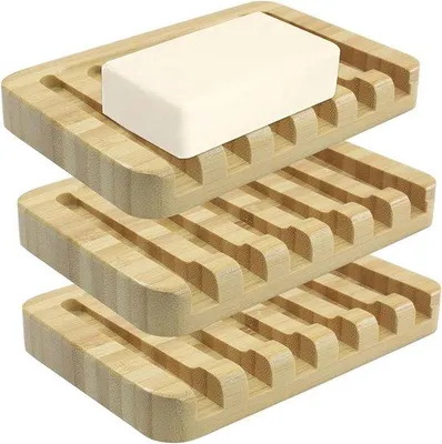 Productafbeelding van Bamboe Zeepbakjes - Zeephouders Hout - Zeep Droog Houden - Zelfafvoerend Ontwerp - 3 stuks - Natuurlijk Hout
