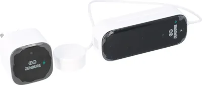 Two white electronic devices with black panels, one rectangular and one square, are shown on a white background. Both have the Zendure logo and some text on the black panels.