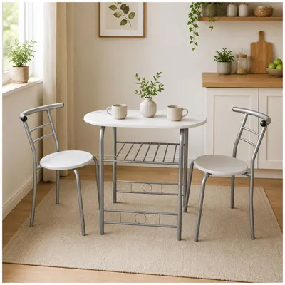 Produktbild von Tischgruppe Merit Weiß oval aus Metall und MDF mit Esstisch 80x53x74 cm und 2 Stühlen
