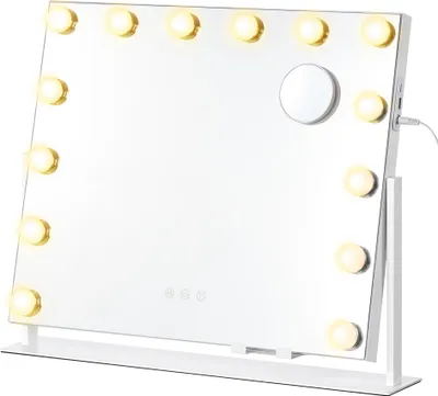 Obrázek produktu pro SONGMICS Kosmetické zrcadlo s LED osvětlením, kosmetické zrcadlo, dotykové ovládání, držák na mobilní telefon, 3 barvy světla, 50 x 42 cm, bílé