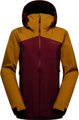 Zweifarbige La Sportiva Alpine Guide GTX Performance Jacke in Dunkelrot und Senfgelb mit Kapuze und Reißverschluss vorne