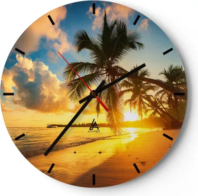 Produktbild von Wanduhr - Rund - Glasuhr - Meer Strand Palme - 40x40cm - Schleichendes Uhrwerk - Lautlos - zum Aufhängen bereit - Dekoration Modern - Wanddekoration aus Glas - C3AR40x40-3922