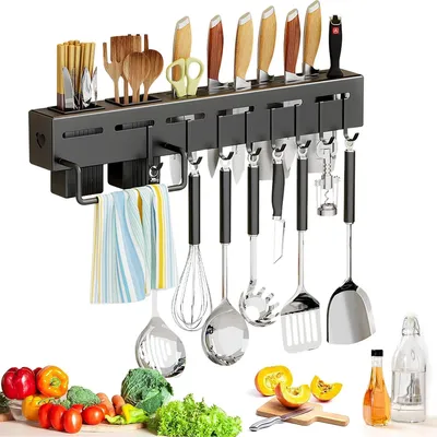 Produktbild von 50 cm Wandmesserhalter, Edelstahl-Messerhalter mit 8 Haken, ohne Bohren, Ideal für Löffel und Essstäbchen, Schwarz