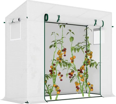 Image de Outsunny Serre de jardin PE, serre de balcon, bâche renforcée 140 g/m², châssis en acier, porte zippée enroulable, pour légumes plantes fleurs, intérieur et extérieur, 200 x 76 x 168 cm, blanc
