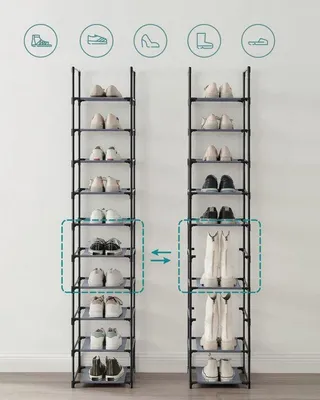 Two tall, open shoe racks are shown side-by-side, filled with various shoes. Icons representing different shoe types are displayed above the racks.