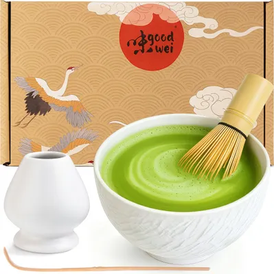 Produktbild von Matcha Set "Rokku Shiro" mit Schale, Besen & Besenhalter – edles Set für Matcha-Zeremonie und stilvollen Teegenuss