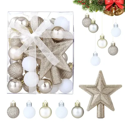 30 Weihnachtskugeln Glitzer Set Silber/Gold/Weiß Kunststoff