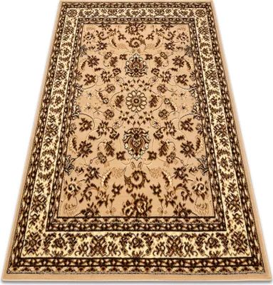 A rectangular rug with a traditional floral pattern is shown from a slightly elevated angle against a white background.