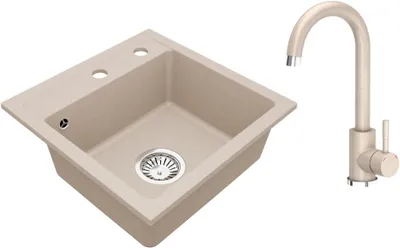 Produktbild von VBChome Granitspüle 44 x 44 cm Beige mit Armatur Einzelbecken Einbauspüle Gesprenkelt Pflegeleichtes Spülbecken mit Siphon Ideal für kleine Küchen