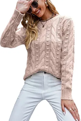 Produktbild von ASKSA Damen Elegant Pullover Casual Langarm Strickpullover Grobstrick Pulli Sweatshirt Oberteile, Aprikose, L