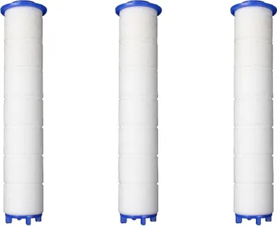 Three white shower filter cartridges with blue caps are arranged vertically against a white background.