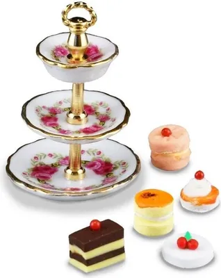 Produktbild von Porzellanetagère Miniatur in Rosa mit Mini-Törtchen, Sammlerstück
