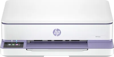 A front view of a white and purple HP ENVY 6120e AIO Multifunction printer against a white background.