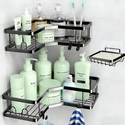 Produktbild von Famanu Duschcaddy 3er-Set - rostfrei, ohne Bohren, mit Seifenhalter, schwarz