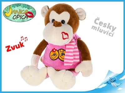 Zdjęcie produktu dla Janica przytulanka małpka 25cm w sukience i szaliku na baterie czeskojęzyczna 0m+