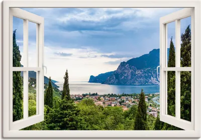 Produktbild von ARTland Leinwandbild Gardasee durchs weiße Fenster Größe: 100x70 cm