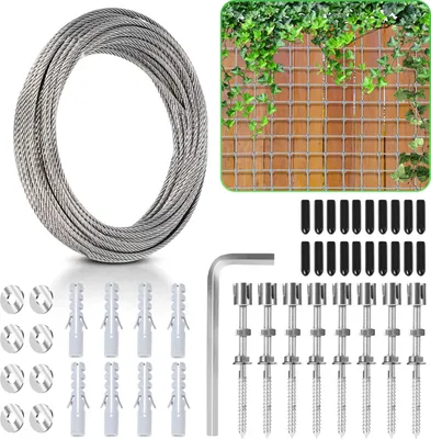 Produktbild von Jopassy 12M Rankhilfe Edelstahl Drahtseil Nature Rankseilsystem für Kletterpflanzen Edelstahlseil Seilsystem 3mm Set mit Schrauben Pflanzen Spalier Rankgitter