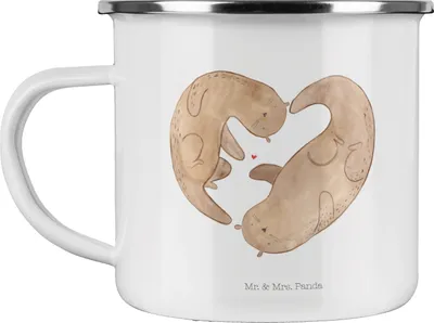 Produktbild von Mr. & Mrs. Panda Teetasse Otter Herz - Weiß - Geschenk, Teebecher, metallbecher, Campingbecher, Emaille Tasse, Pott, Liebe, Seeotter