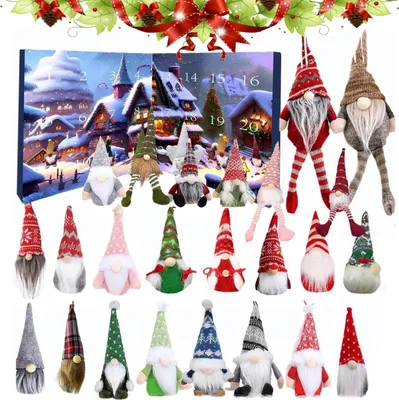 A collection of Christmas gnomes arranged in front of a Christmas-themed advent calendar backdrop.