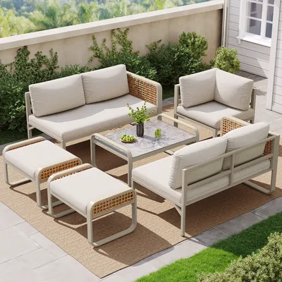 Produktbild von Abrihome Rattan Gartenlounge Set 7 Personen, 6-tlg. Sitzgruppe mit Tisch, Sessel, Sofa und Kissen, Gartenmöbel-Sets, Beige