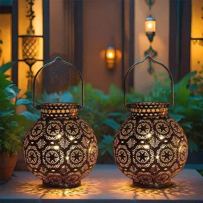 Productafbeelding van Set van 2 Marokkaanse Stijl Batterij Aangedreven Draadloze Tafellampen met LED Verlichting - Perfect voor Decoratie van Huis en Tuin