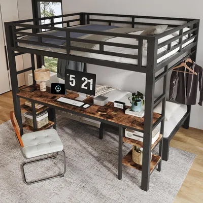 Imagen del producto de Cama nido de metal Merax, 140x200/90x200 cm, con escritorio, cama infantil con barra para colgar ropa, cama juvenil con escalera a ambos lados y estación de carga, color