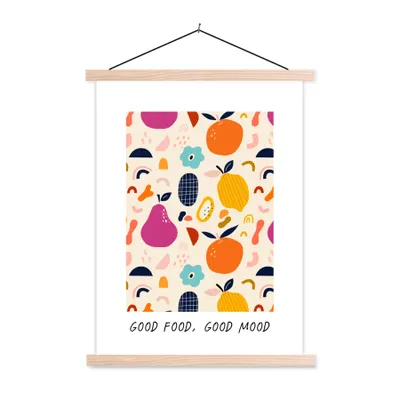 Produktbild von MuchoWow® Textilposter Zitate - Gutes Essen, gute Laune - Essen - Sprichwörter 40x53 cm mit holzfarbenen Rahmen - Schlafzimmer