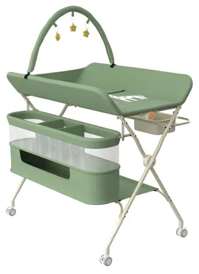 Produktbild von Wickelstation mit Seitenkorb, höhenverstellbar, tragbar, feststellbare Räder, Aufbewahrungs-Organizer, 75 x 68 x 83–91 cm, Grün