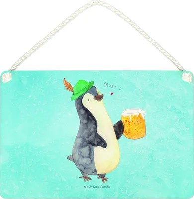 Produktbild von Mr. & Mrs. Panda Schild Pinguin Bier DIN A4 - Eisblau - Geschenk, Beschwippst, , Wandschild, Pinguine, Türschild, Holzschild, Wandbild Holz, holzbild