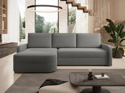 Produktbild von GrainGold Ecksofa L-Form Arvento - Ecksofa mit Schlaffunktion, Bettkasten - Moderne Ecksofa, Wohnzimmer Sofa - Eckcouch mit Chenillestoff - Grau (Misterio 90)