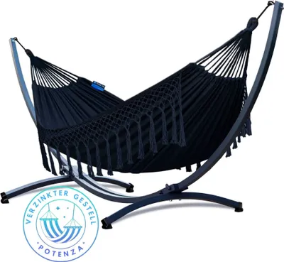Produktbild von Potenza Outdoor Hängematte mit Verzinkter Gestell für 2 Personen I Baumwolle Doppelhängematte XXL 220x160, 200kg I Hängemattengestell 220kg, wetterfest