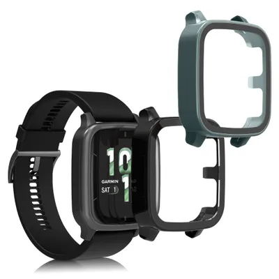 Produktbild von kwmobile 2x Glas Hülle für Garmin Venu Sq 2 Music / Sq 2 Schutzhülle - Fullbody Fitnesstracker Case Set aus Glas - Schwarz Grün