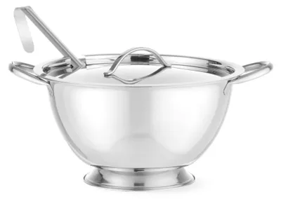 A stainless steel soup tureen with a lid and ladle, presented on a white background.