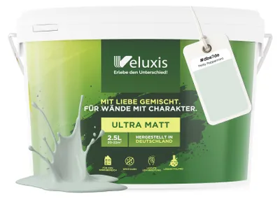 Produktbild von Wandfarbe Grün Hellgrau Mintgrün Matt Innenfarbe – Deckkraft Klasse 1, VOC-frei, Ohne Grundierung, Tropfarm – Wohnzimmer & Schlafzimmer – 2,5L – Veluxis (Perky Peppermint)