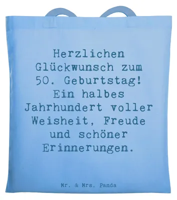 Produktbild von Mr. & Mrs. Panda Einkaufstüte Spruch 50. Geburtstag - Sky Blue - Geschenk, Meilenstein, Jutebeutel, Glück, Laptoptasche, Shopping Tasche, besondere Tag, Happy Birthday