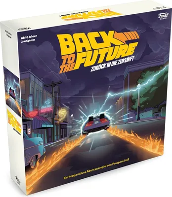 The image shows the box of the Back to the Future board game, depicting the DeLorean car in action on a street at night.
