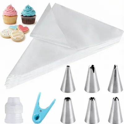 Immagine prodotto di Set di sacchetti per decorazioni monouso con 6 bocchette in acciaio inossidabile, 100 pezzi, senza BPA, resistenti allo strappo