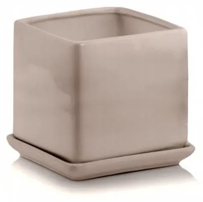 Produktbild von Polnix Quadratischer Keramiktopf grau-beige mit Untersetzer