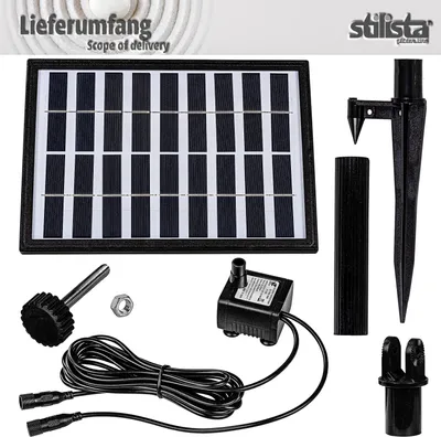 A collection of solar-powered fountain components laid out on a light gray and white background.