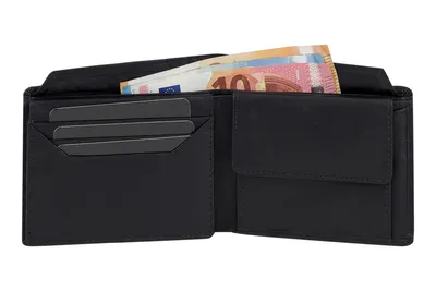 Produktbild von LEAS Geldbörse Herren extra dünn mit RFID Schutz, Klappe und Geheimfach, Herren Geldbeutel flach in Echt-Leder, Portmonee im Querformat mit 3 Scheinfächern, schwarz