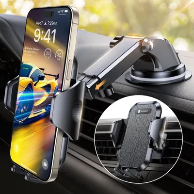 Image de Support pour téléphone de voiture, rotatif à 360°, avec ventouse de 20 kg et clip de ventilation, couleur noire