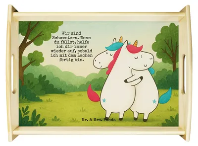 Produktbild von Mr. & Mrs. Panda Tablett Einhörner Umarmen Design - Weiß - Geschenk, Unicorn, Sister, Serviertablett, Familie, Einhorn, holz, Holztablett, aus, Liebe, Servier