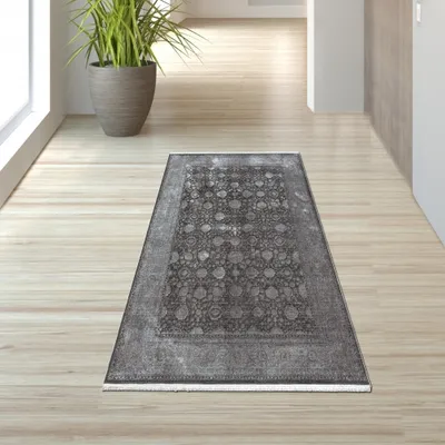 Image de Tapis oriental à motifs floraux, gris-bleu, dimensions : 80 x 150 cm
