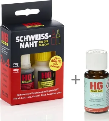 Produktbild von HG POWER GLUE Die Schweißnaht aus der Flasche Kunststoff-Kleber-Set L - Die Schweißnaht aus der Flasche mit Primer für PP, PE, Silikon - Kleber für Kunststoffe, Plastik, Gummi, Stein, Keramik, Porzellan - chemikalienresistent, hitzebeständig